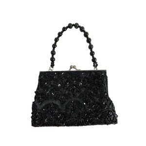 Vintage 90s Bijoux Sterner Women's Black Satin Beaded Sequin Handbag Sz S